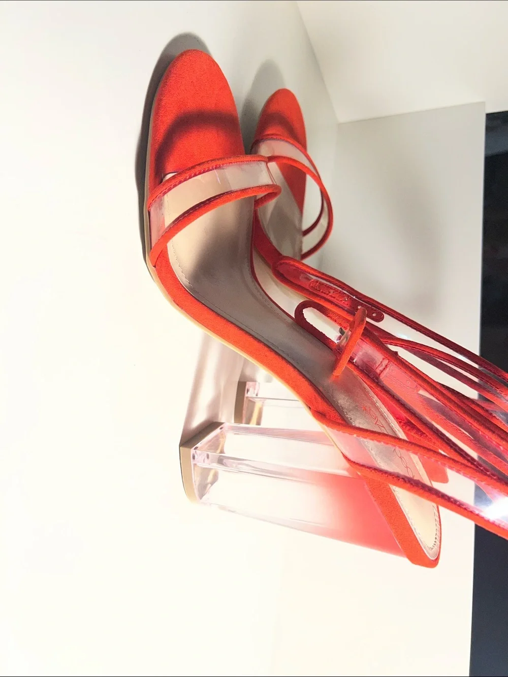 Women’s Shoe Dazzle Bright Orange/Red Suede Ankle-Tie Heels with Clear Toe Strap
